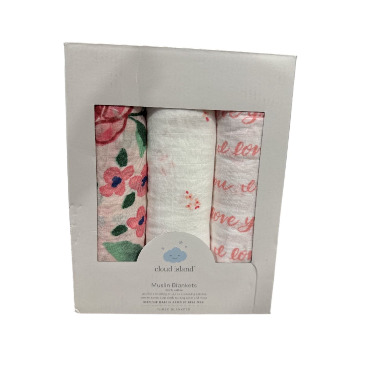 Cloud Island 3-Pack 100% Cotton Muslin Baby Blankets, Floral & Love You Prints, 47x47 Inches