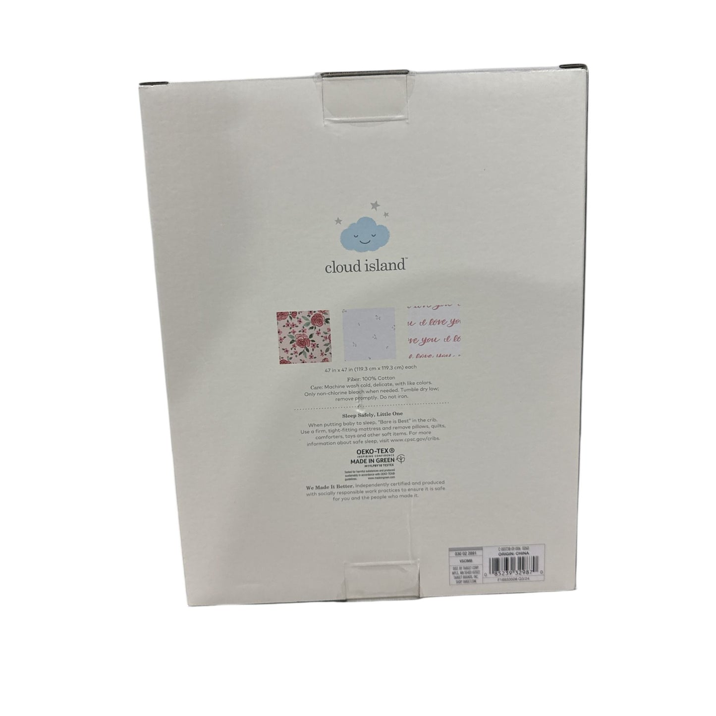 Cloud Island 3-Pack 100% Cotton Muslin Baby Blankets, Floral & Love You Prints, 47x47 Inches