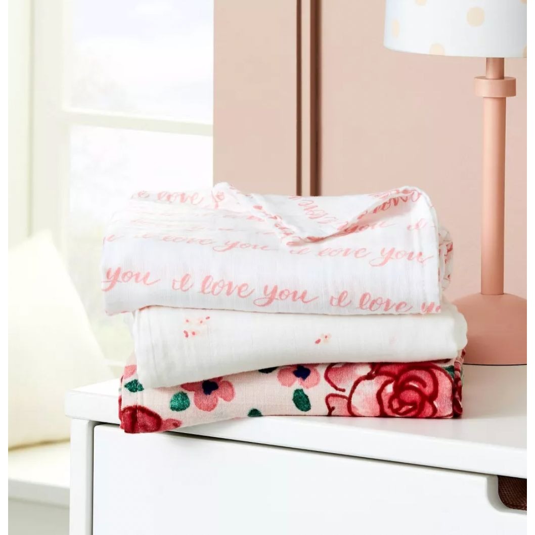 Cloud Island 3-Pack 100% Cotton Muslin Baby Blankets, Floral & Love You Prints, 47x47 Inches
