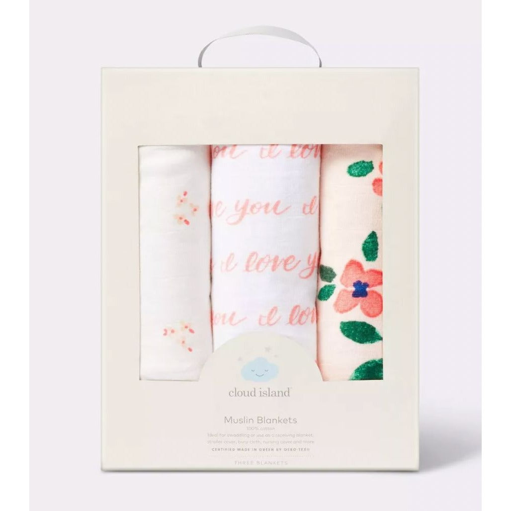 Cloud Island 3-Pack 100% Cotton Muslin Baby Blankets, Floral & Love You Prints, 47x47 Inches