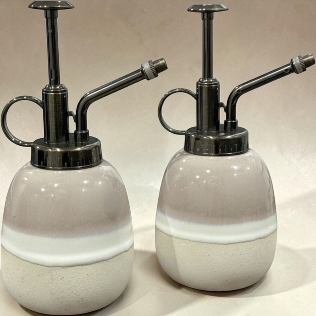Ceramic Plant Mister Bottle Set With Stainless Steel Pump Beige Gradient Design Indoor Gardening Tool 2-Pack
