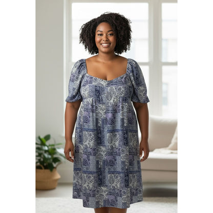 NSR Square Neck Puff Sleeve Midi Dress Blue & Lavender Paisley Print Polyester Women's Size L