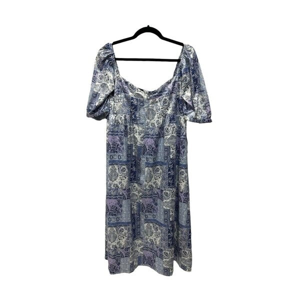 NSR Square Neck Puff Sleeve Midi Dress Blue & Lavender Paisley Print Polyester Women's Size L