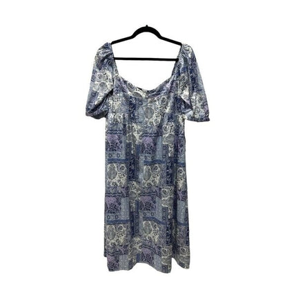 NSR Square Neck Puff Sleeve Midi Dress Blue & Lavender Paisley Print Polyester Women's Size L