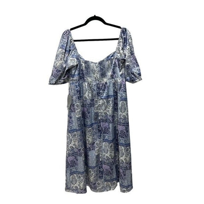 NSR Square Neck Puff Sleeve Midi Dress Blue & Lavender Paisley Print Polyester Women's Size L