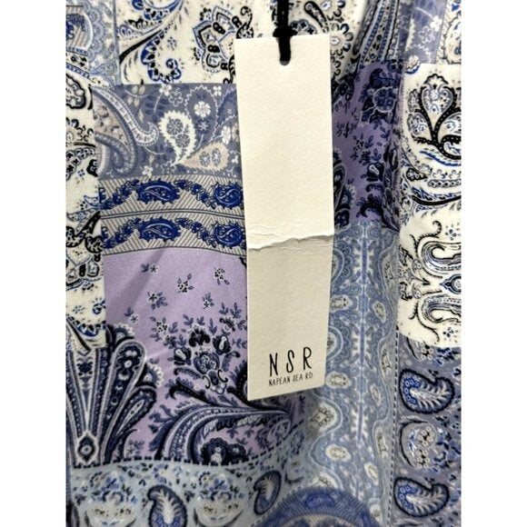 NSR Square Neck Puff Sleeve Midi Dress Blue & Lavender Paisley Print Polyester Women's Size L