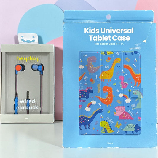 Heyday Wired Earbuds & Kids Universal Tablet Case With Dinosaur Design Fits 7-11 Inch Tablets Magnetic Closure