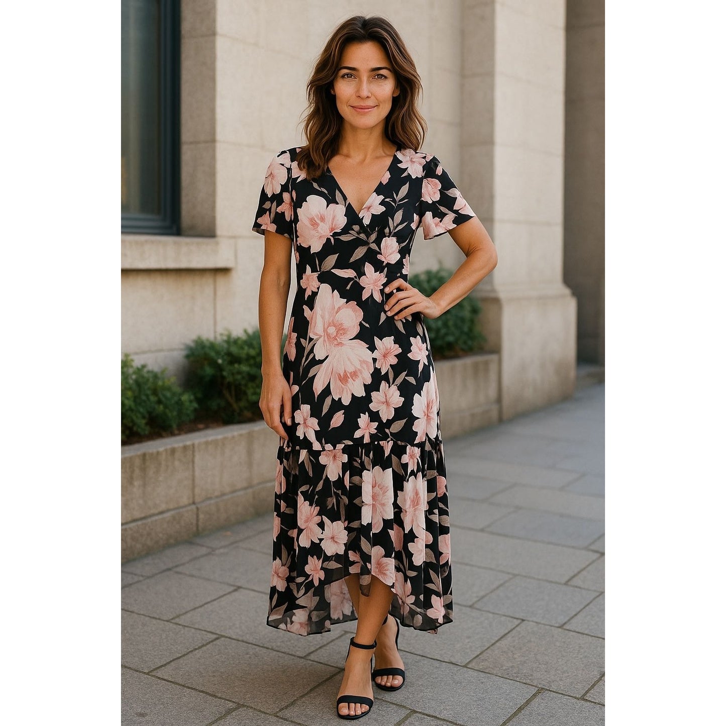 Julia Jordan Black & Pink Floral High-Low Maxi Dress Size 6