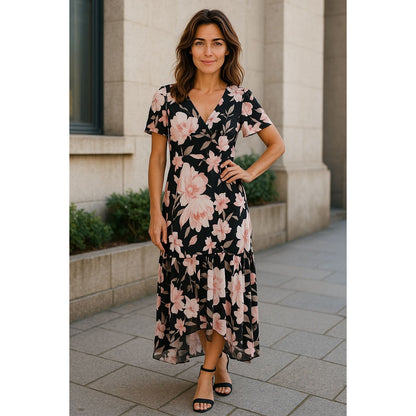 Julia Jordan Black & Pink Floral High-Low Maxi Dress Size 6