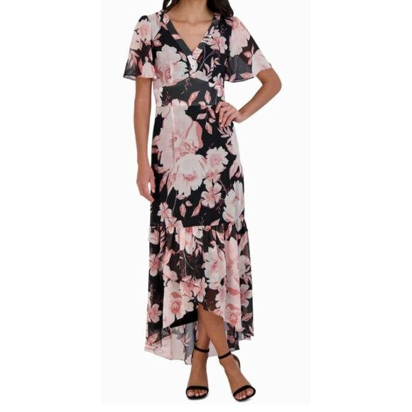 Julia Jordan Black & Pink Floral High-Low Maxi Dress Size 6