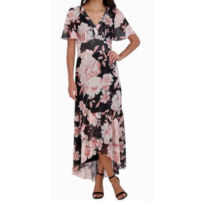Julia Jordan Black & Pink Floral High-Low Maxi Dress Size 6