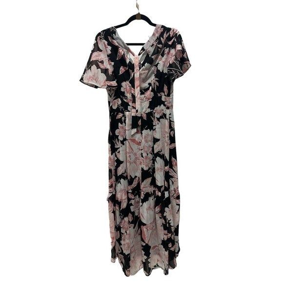 Julia Jordan Black & Pink Floral High-Low Maxi Dress Size 6