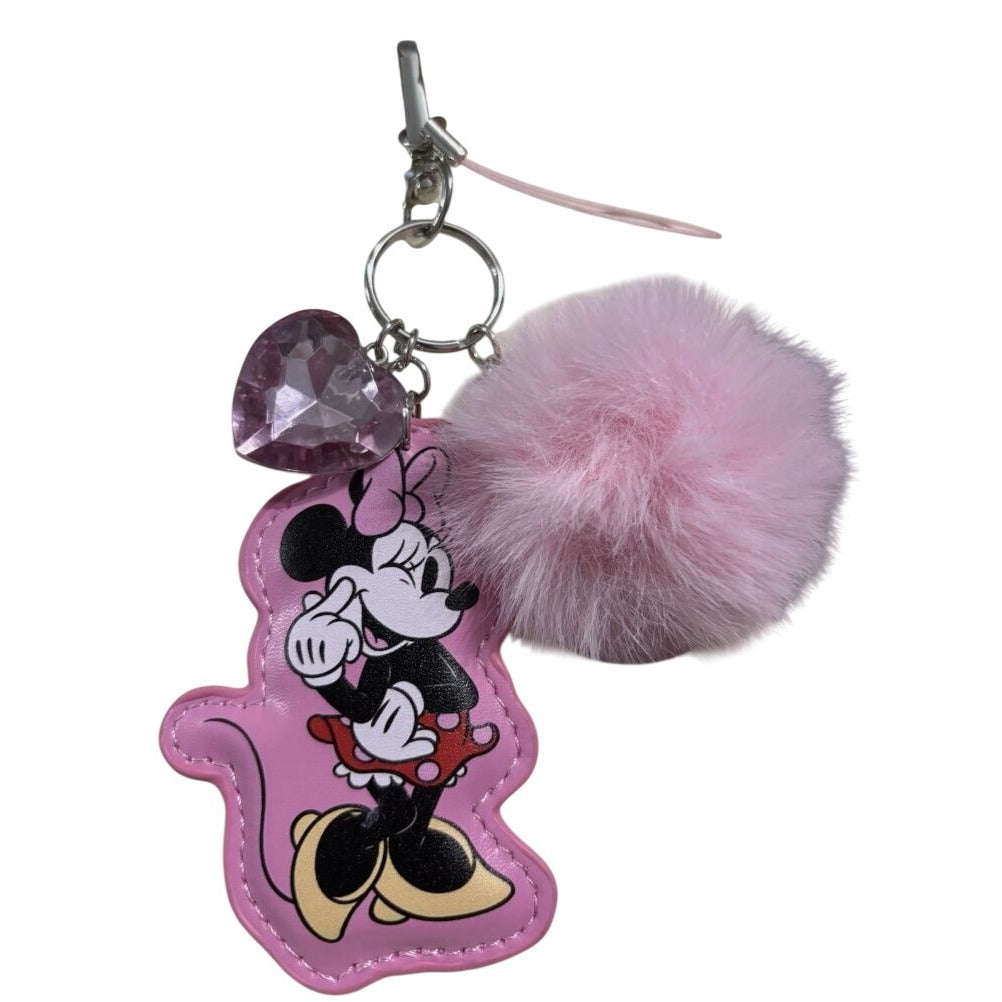 Disney Minnie Mouse Pink Fluffy Keyring & Crystal Phone Charm Accessory In Box