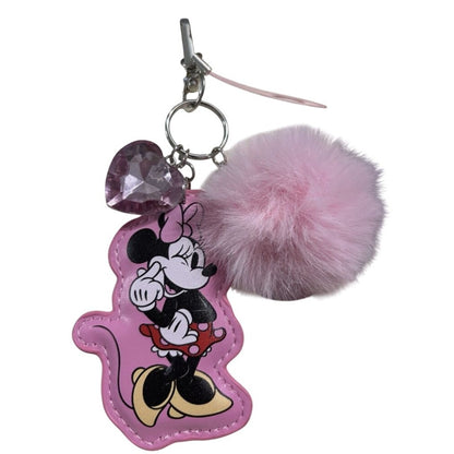 Disney Minnie Mouse Pink Fluffy Keyring & Crystal Phone Charm Accessory In Box