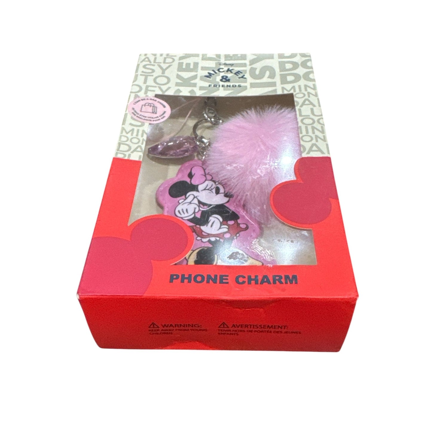 Disney Minnie Mouse Pink Fluffy Keyring & Crystal Phone Charm Accessory In Box