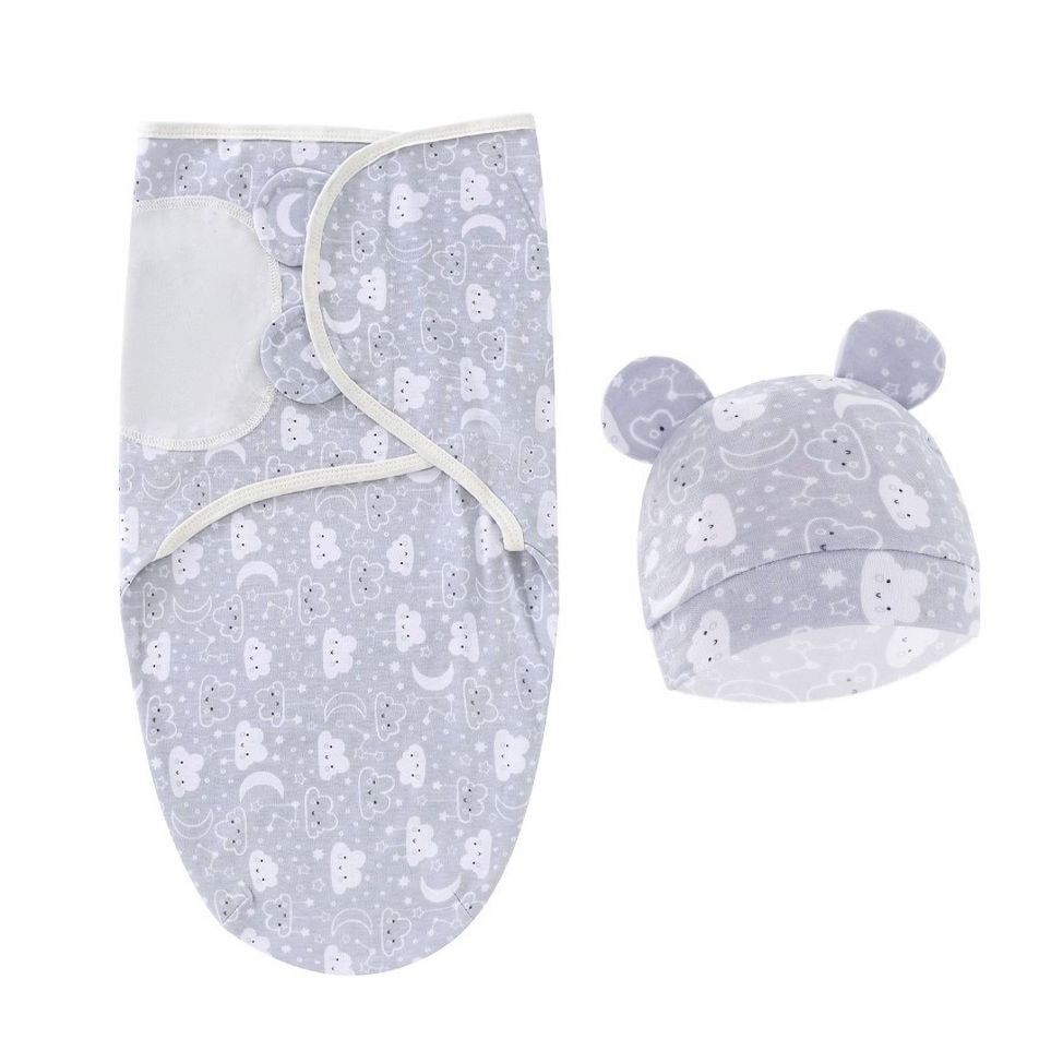 Baby Swaddle Blanket & Hat Set With Clouds & Stars Print - Light blue Velcro Closure Soft Cotton Newborn Wrap