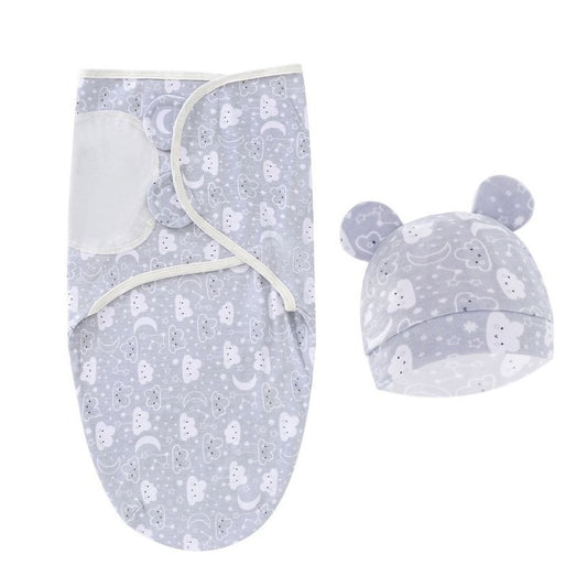 Baby Swaddle Blanket & Hat Set With Clouds & Stars Print - Light blue Velcro Closure Soft Cotton Newborn Wrap