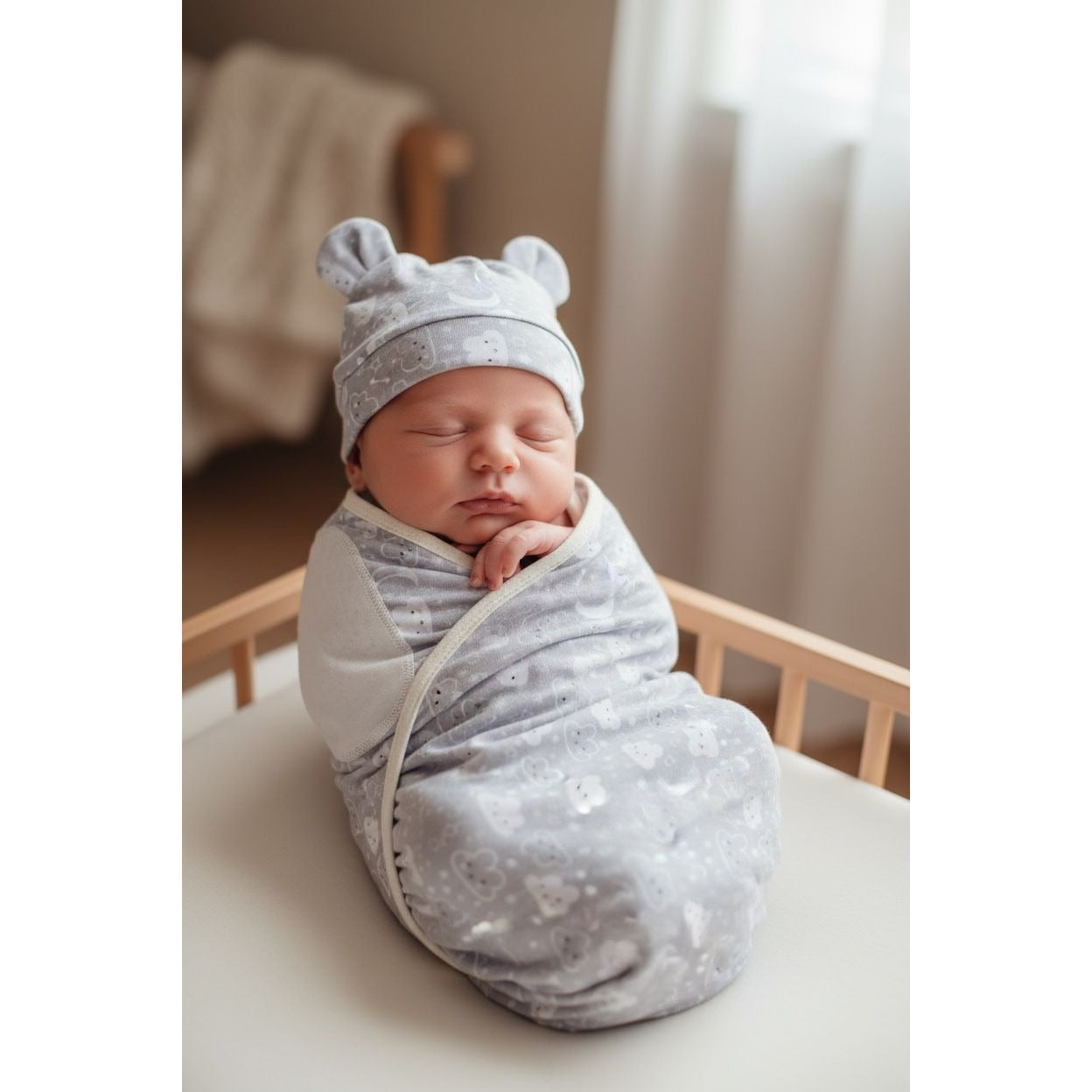 Baby Swaddle Blanket & Hat Set With Clouds & Stars Print - Light blue Velcro Closure Soft Cotton Newborn Wrap
