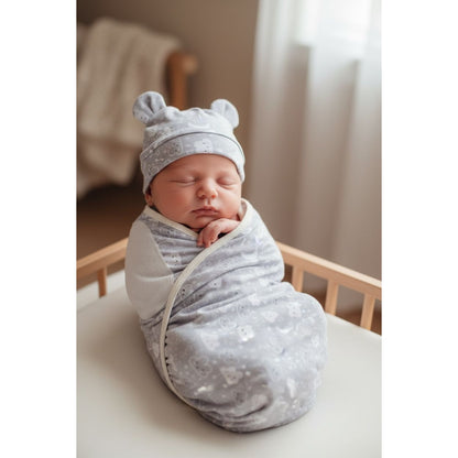Baby Swaddle Blanket & Hat Set With Clouds & Stars Print - Light blue Velcro Closure Soft Cotton Newborn Wrap