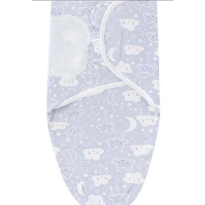Baby Swaddle Blanket & Hat Set With Clouds & Stars Print - Light blue Velcro Closure Soft Cotton Newborn Wrap