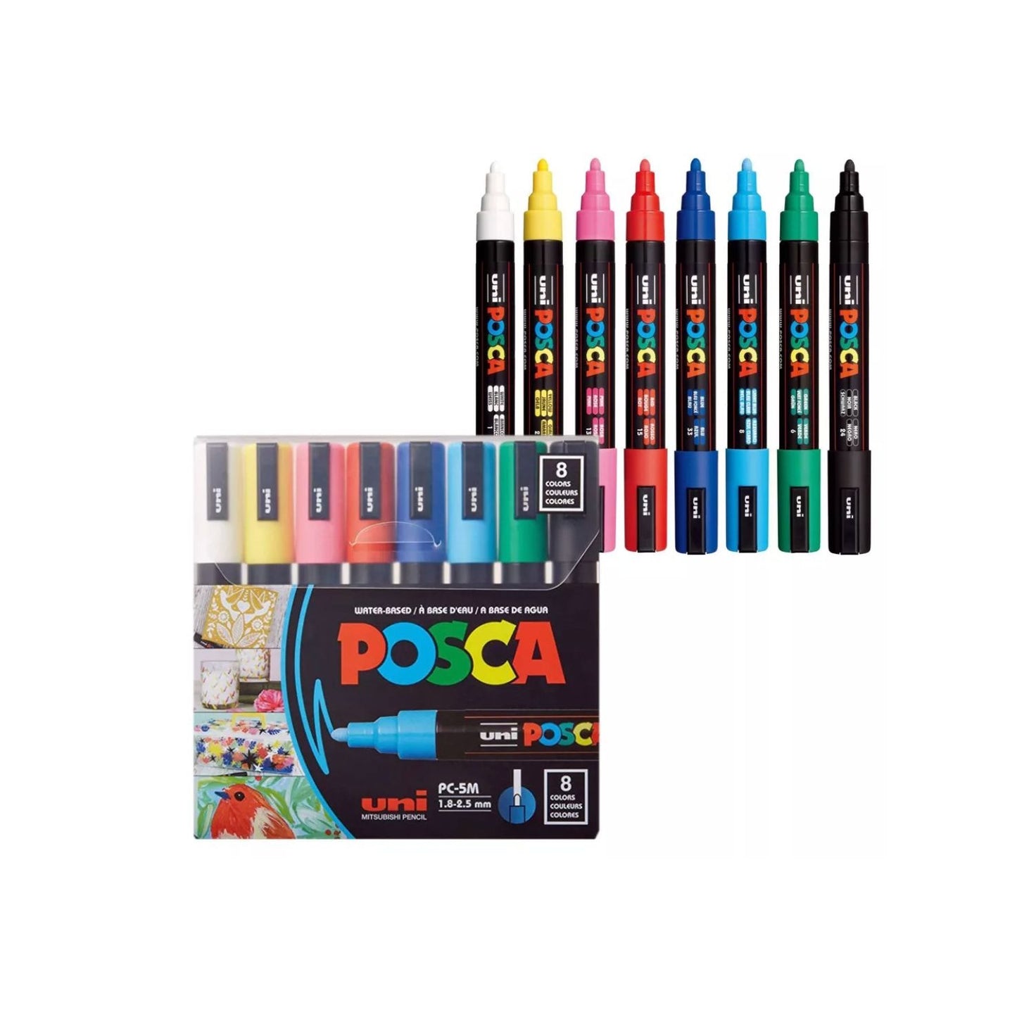Uni Posca Paint Marker Set 8 Colors PC-5M 1.8-2.5mm Water-Based Fade & Water Resistant