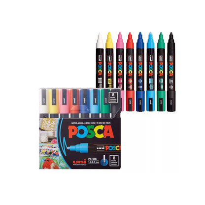 Uni Posca Paint Marker Set 8 Colors PC-5M 1.8-2.5mm Water-Based Fade & Water Resistant
