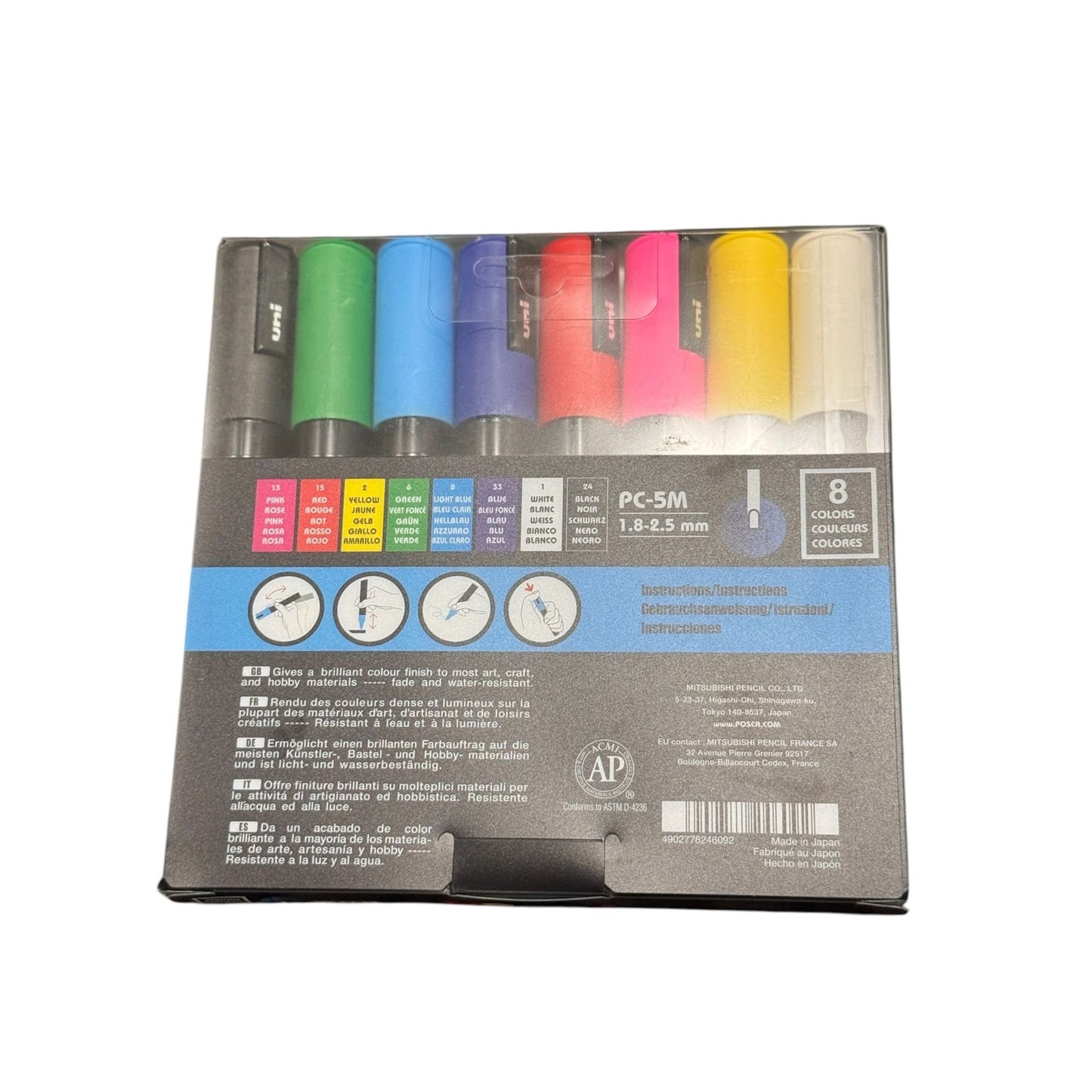 Uni Posca Paint Marker Set 8 Colors PC-5M 1.8-2.5mm Water-Based Fade & Water Resistant