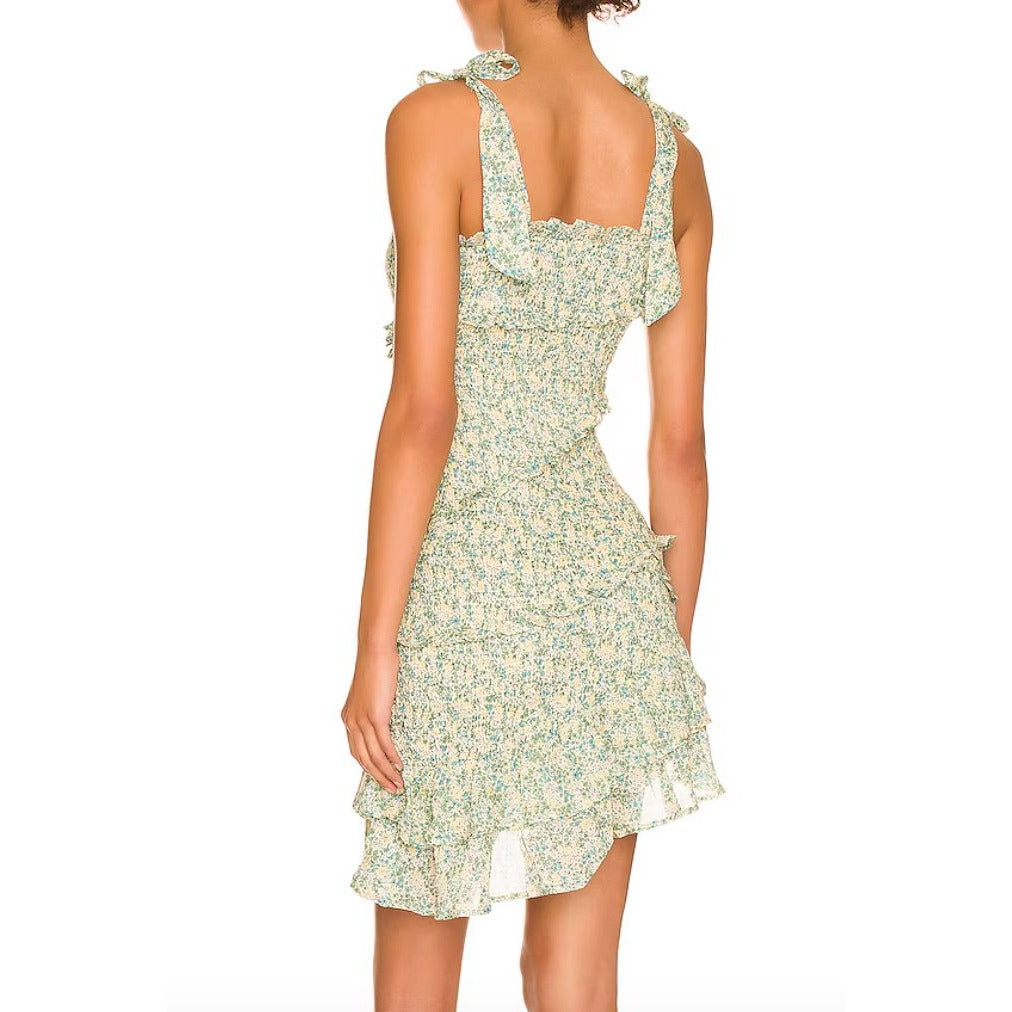 Astr The Label Yellow Green Multi Ruffle Smocked Mini Dress With Adjustable Straps Size M