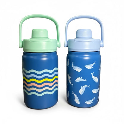 Kids Double-Wall Insulated Stainless Steel Bottles 12oz Set Of 2 With Whale & Wave Patterns