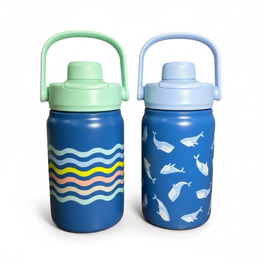 Kids Double-Wall Insulated Stainless Steel Bottles 12oz Set Of 2 With Whale & Wave Patterns
