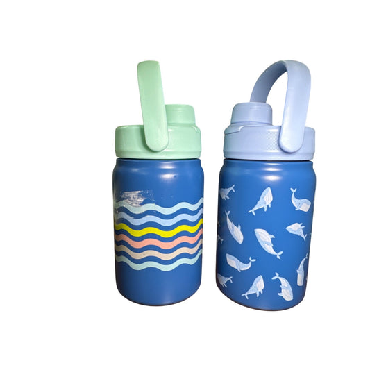 Kids Double-Wall Insulated Stainless Steel Bottles 12oz Set Of 2 With Whale & Wave Patterns