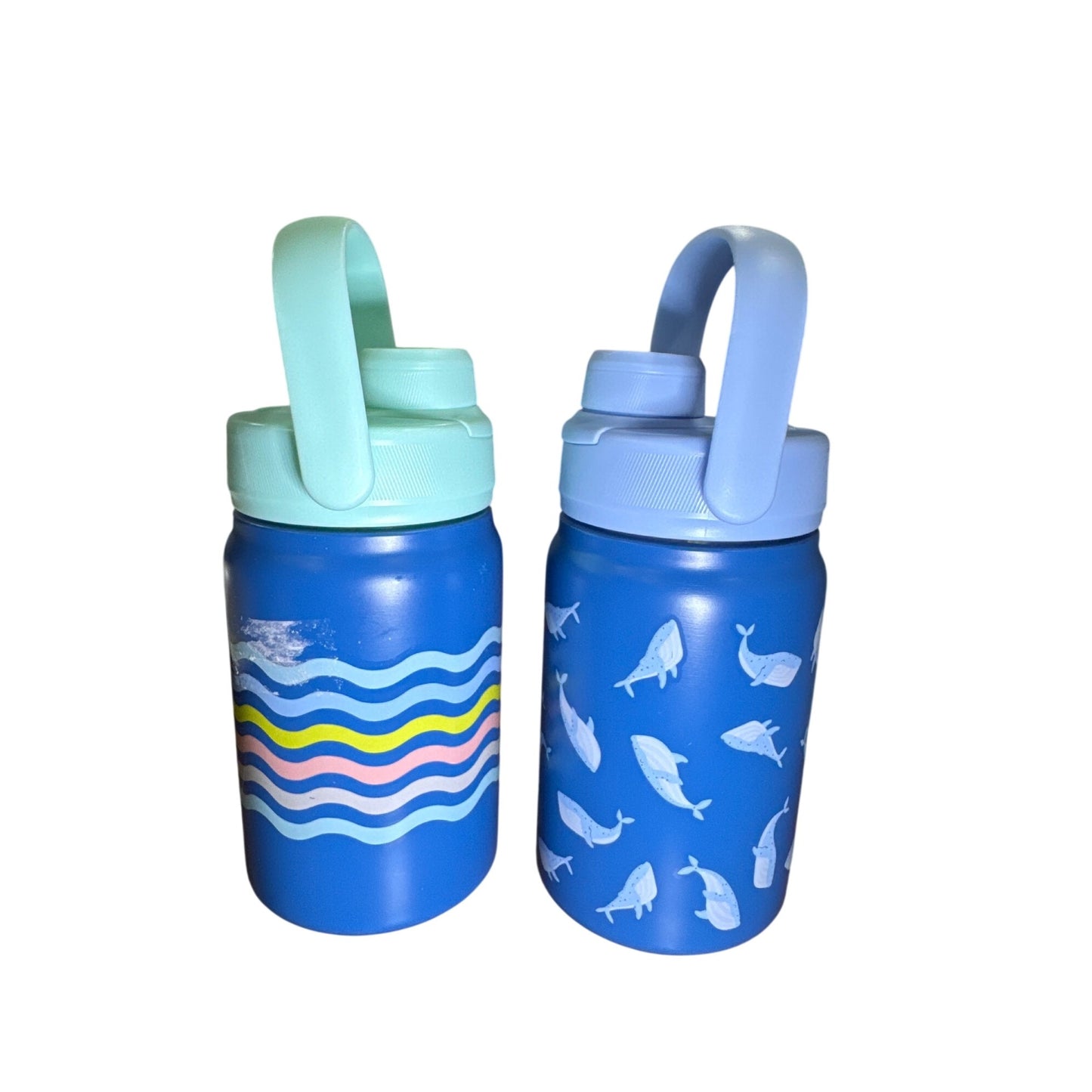 Kids Double-Wall Insulated Stainless Steel Bottles 12oz Set Of 2 With Whale & Wave Patterns