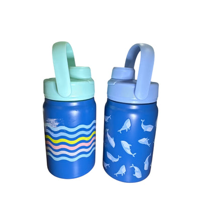 Kids Double-Wall Insulated Stainless Steel Bottles 12oz Set Of 2 With Whale & Wave Patterns