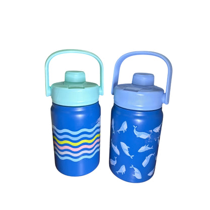 Kids Double-Wall Insulated Stainless Steel Bottles 12oz Set Of 2 With Whale & Wave Patterns