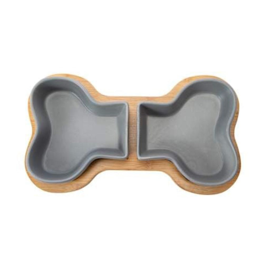 Bone Shape Bowl Set For Dogs & Cats 2 Ceramic Bowls With Bamboo Tray Suitable For Dry/Wet Food & Water