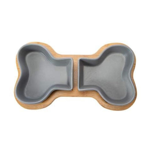 Bone Shape Bowl Set For Dogs & Cats 2 Ceramic Bowls With Bamboo Tray Suitable For Dry/Wet Food & Water