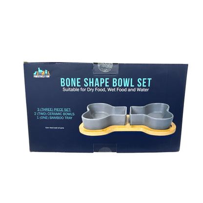 Bone Shape Bowl Set For Dogs & Cats 2 Ceramic Bowls With Bamboo Tray Suitable For Dry/Wet Food & Water