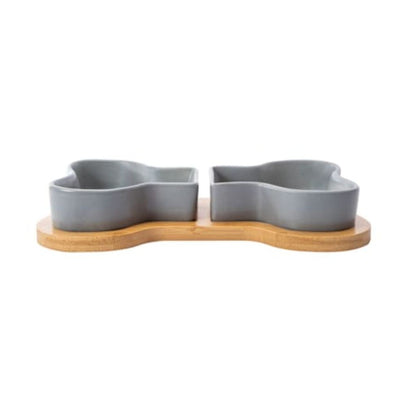 Bone Shape Bowl Set For Dogs & Cats 2 Ceramic Bowls With Bamboo Tray Suitable For Dry/Wet Food & Water