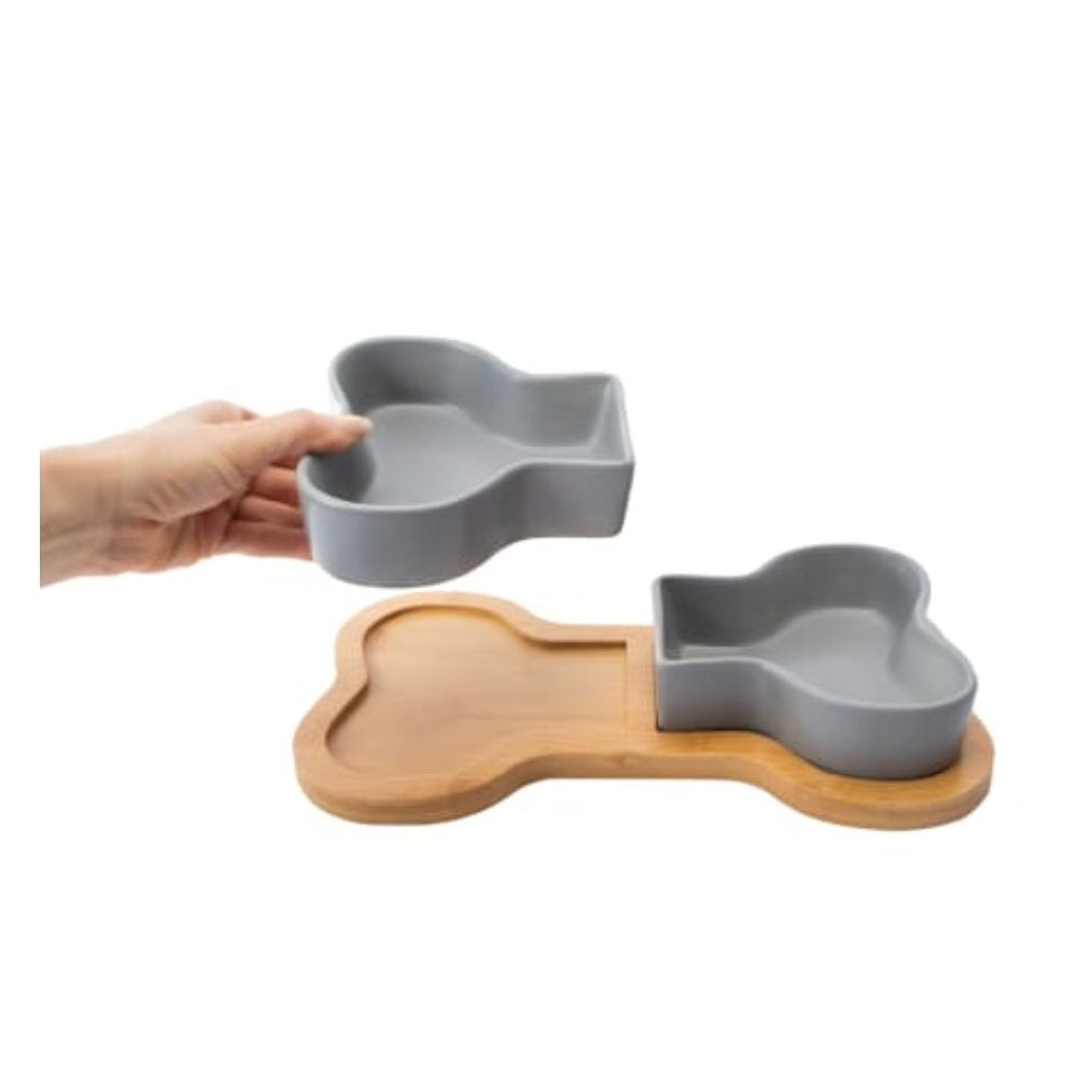 Bone Shape Bowl Set For Dogs & Cats 2 Ceramic Bowls With Bamboo Tray Suitable For Dry/Wet Food & Water