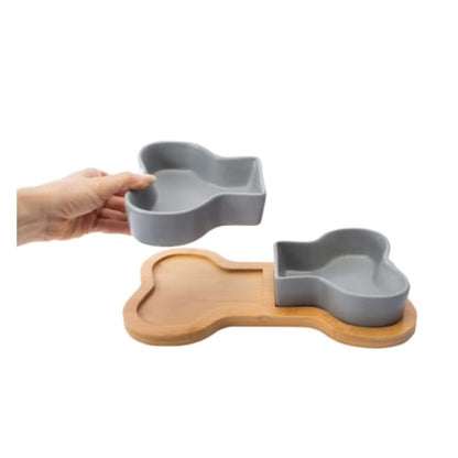 Bone Shape Bowl Set For Dogs & Cats 2 Ceramic Bowls With Bamboo Tray Suitable For Dry/Wet Food & Water
