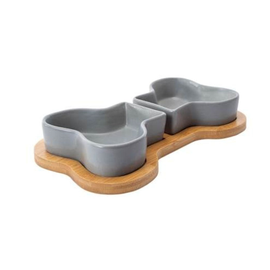 Bone Shape Bowl Set For Dogs & Cats 2 Ceramic Bowls With Bamboo Tray Suitable For Dry/Wet Food & Water