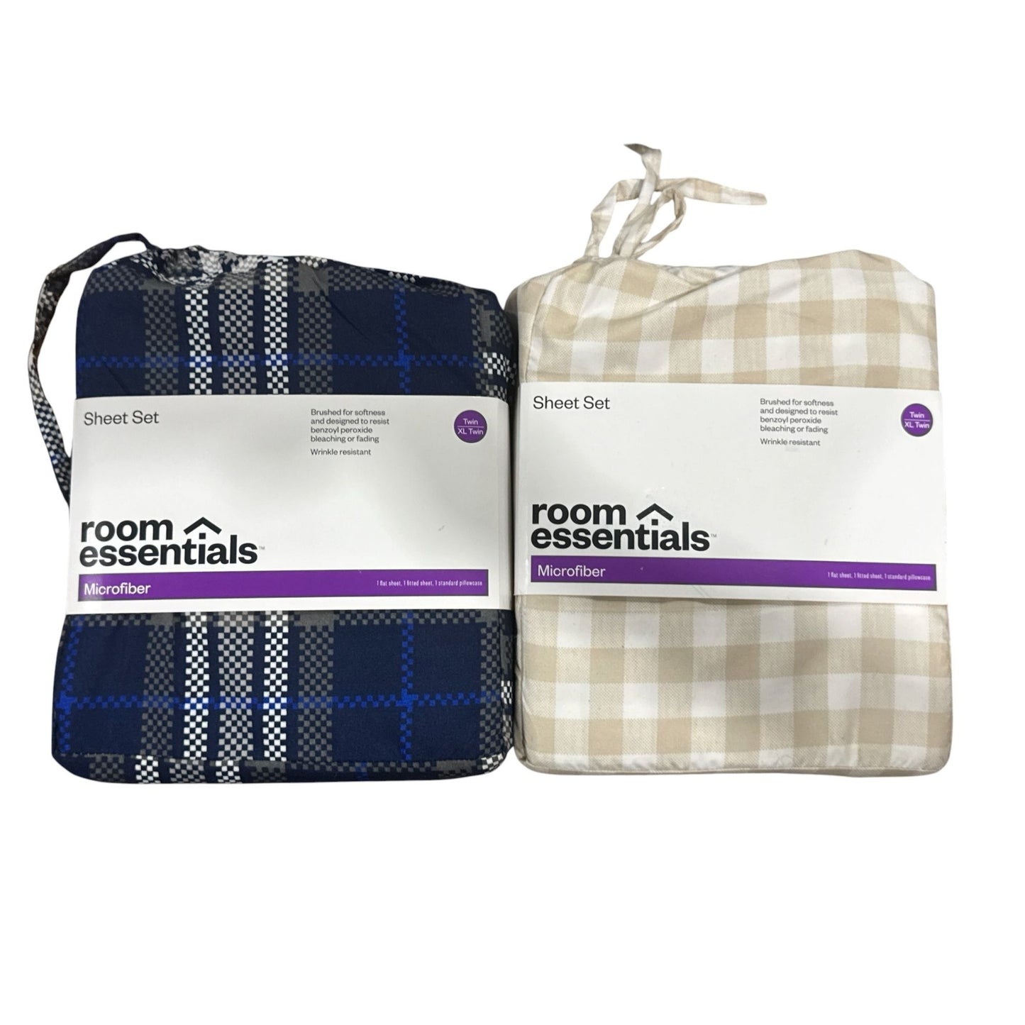 Room Essentials Twin XL Microfiber Sheet Sets Plaid & Checkered Wrinkle Resistant Brushed For Softness 100% Recycled Polyester
