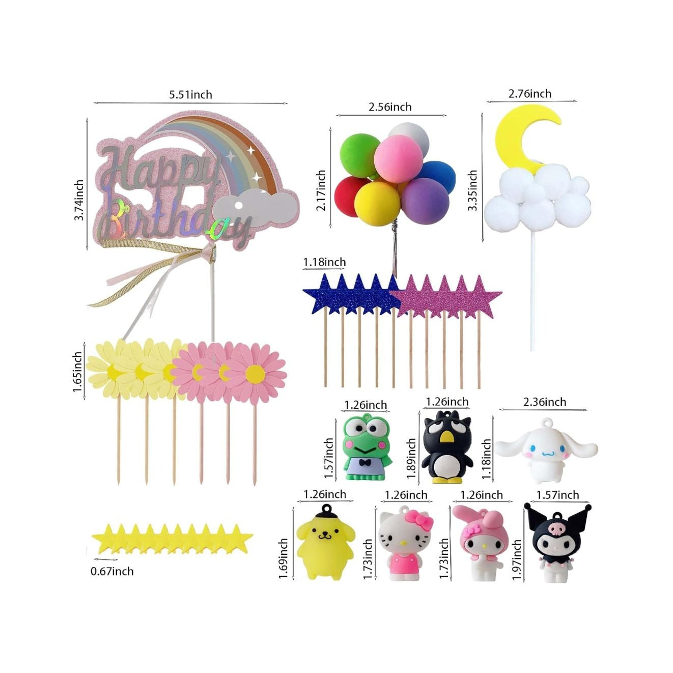36pcs Kitty Cake Topper Rainbow Balloon Hello kuromi Birthday Party Cake Decorations Supplies Set