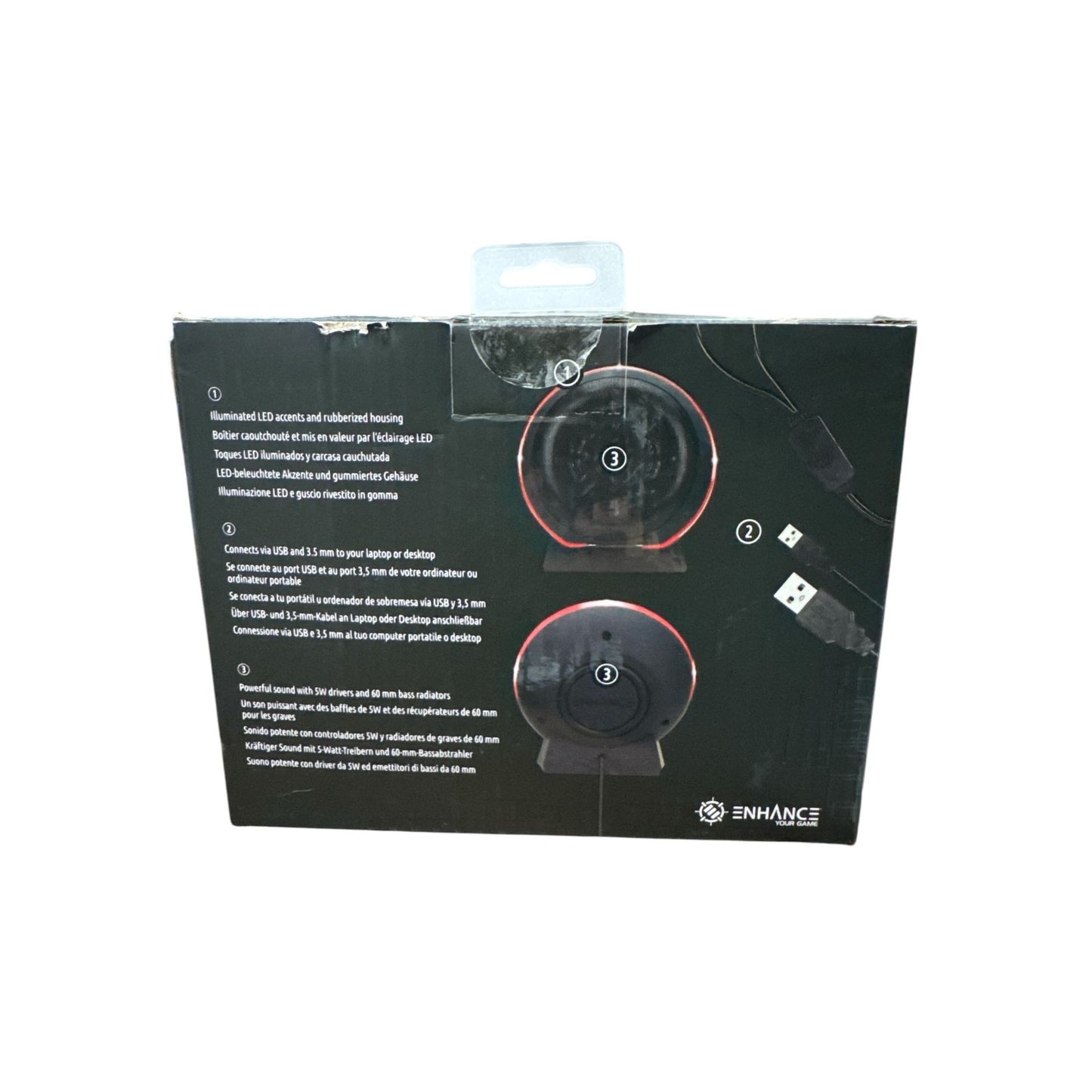 Enhance USB Stereo Speakers With LED Accents & Rubberized Housing 10W RMS Power 3.5mm AUX & USB Input
