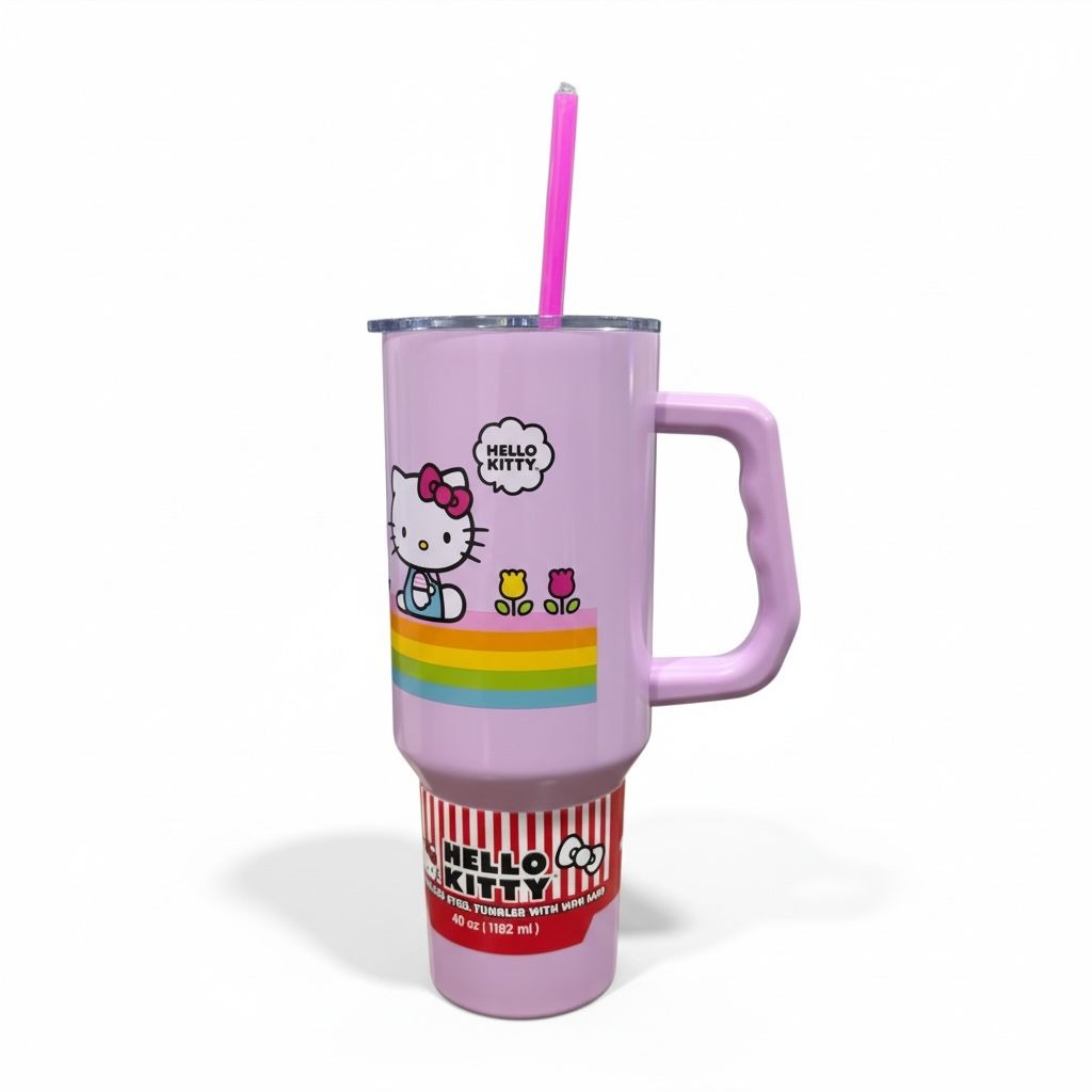 Hello Kitty 40 Oz Stainless Steel Tumbler With Handle & Straw - Pastel Rainbow Design
