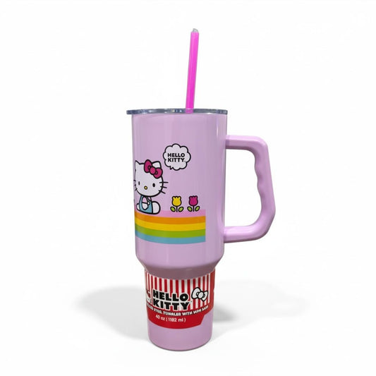 Hello Kitty 40 Oz Stainless Steel Tumbler With Handle & Straw - Pastel Rainbow Design