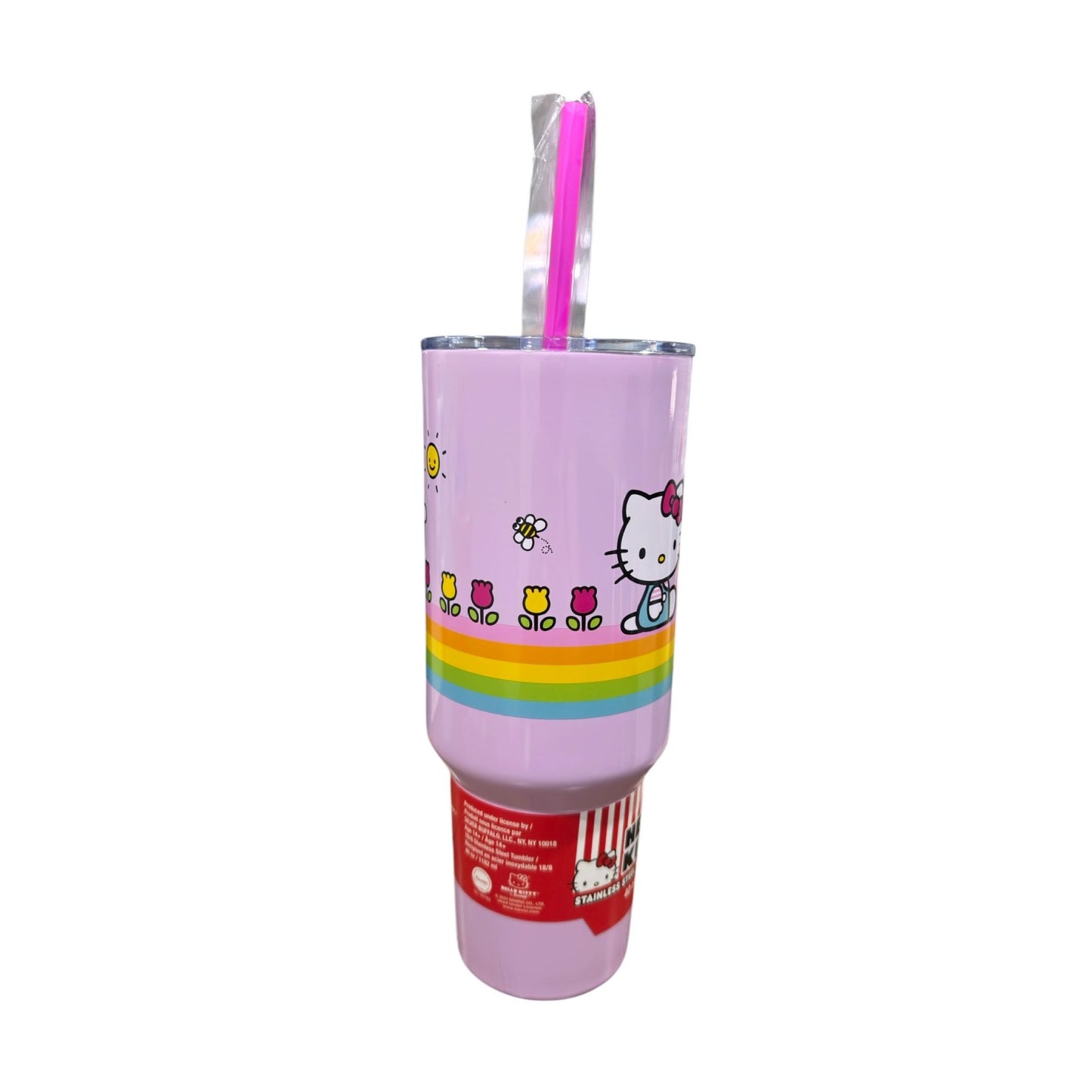 Hello Kitty 40 Oz Stainless Steel Tumbler With Handle & Straw - Pastel Rainbow Design