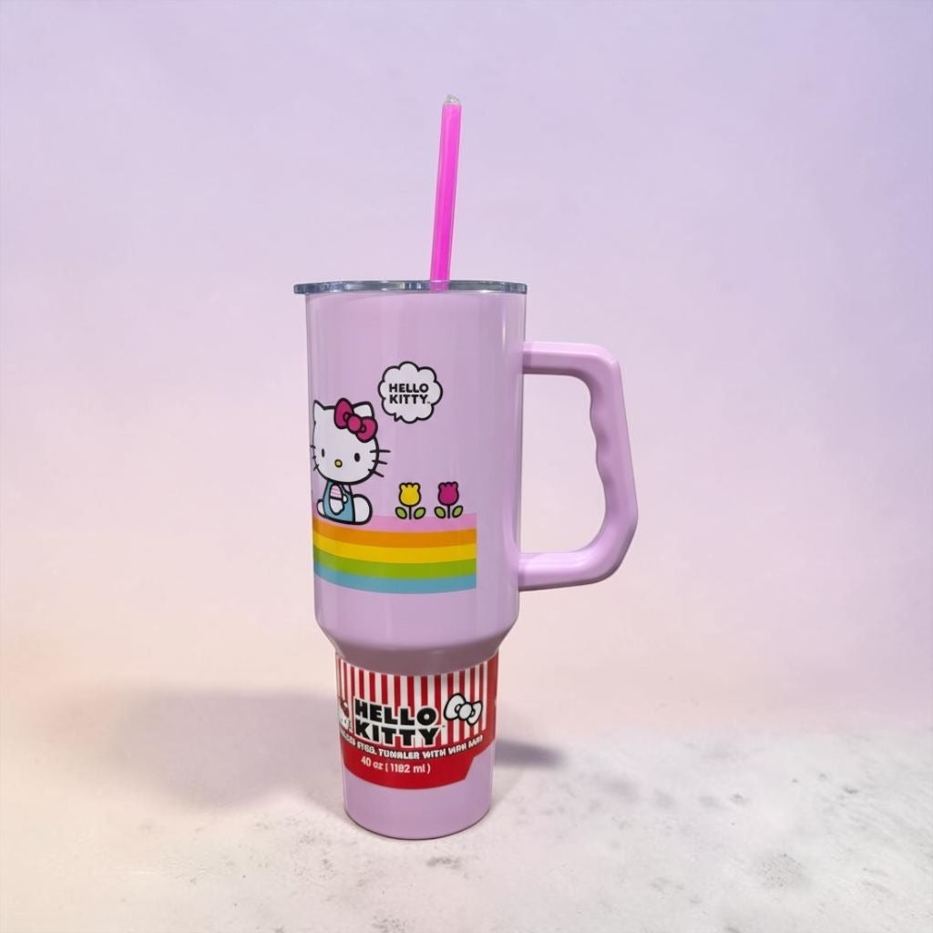 Hello Kitty 40 Oz Stainless Steel Tumbler With Handle & Straw - Pastel Rainbow Design