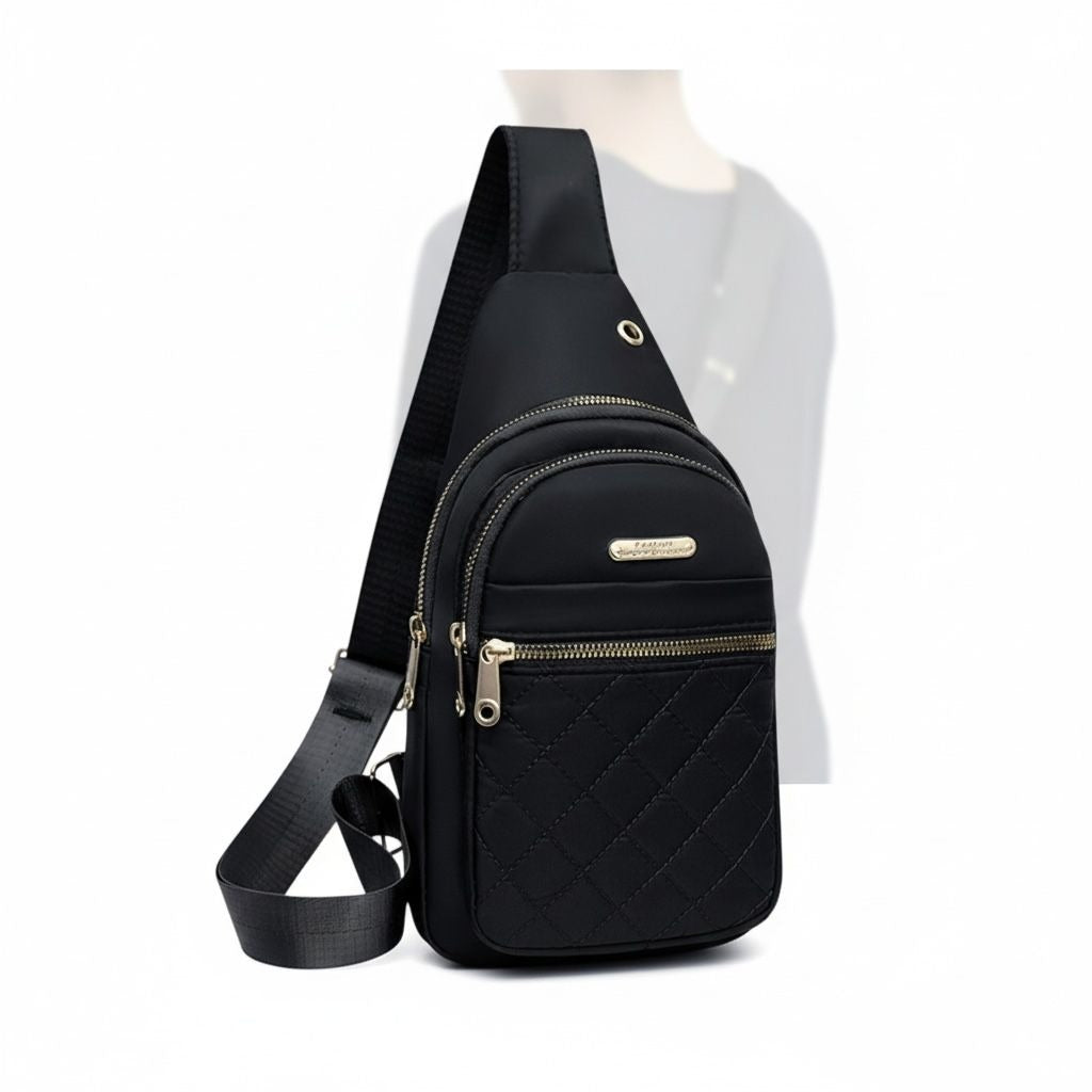 Small Quilted Crossbody Sling Backpack With Multi-Pockets & Headphone Port - Black
