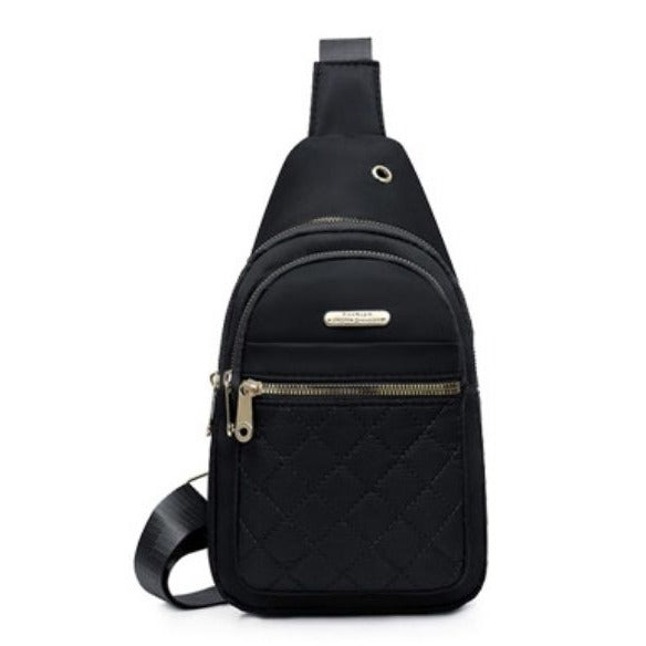 Small Quilted Crossbody Sling Backpack With Multi-Pockets & Headphone Port - Black